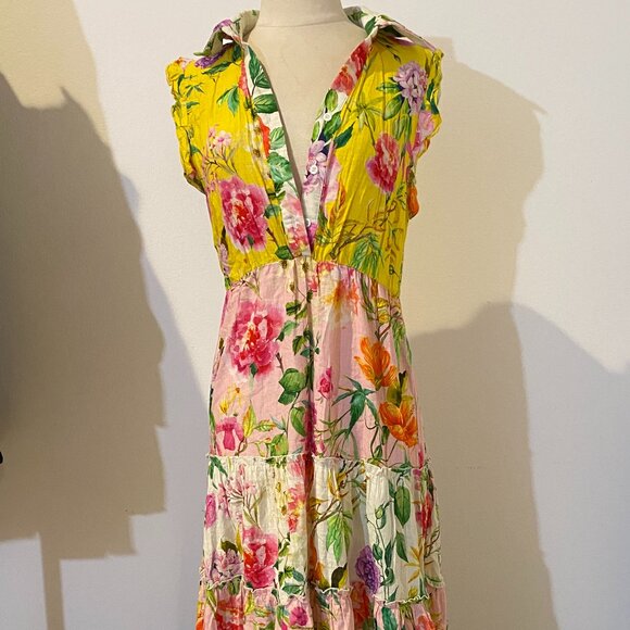 Floral flower collared button up ruffle sleeve Maxi Tea party dress - Picture 1 of 9